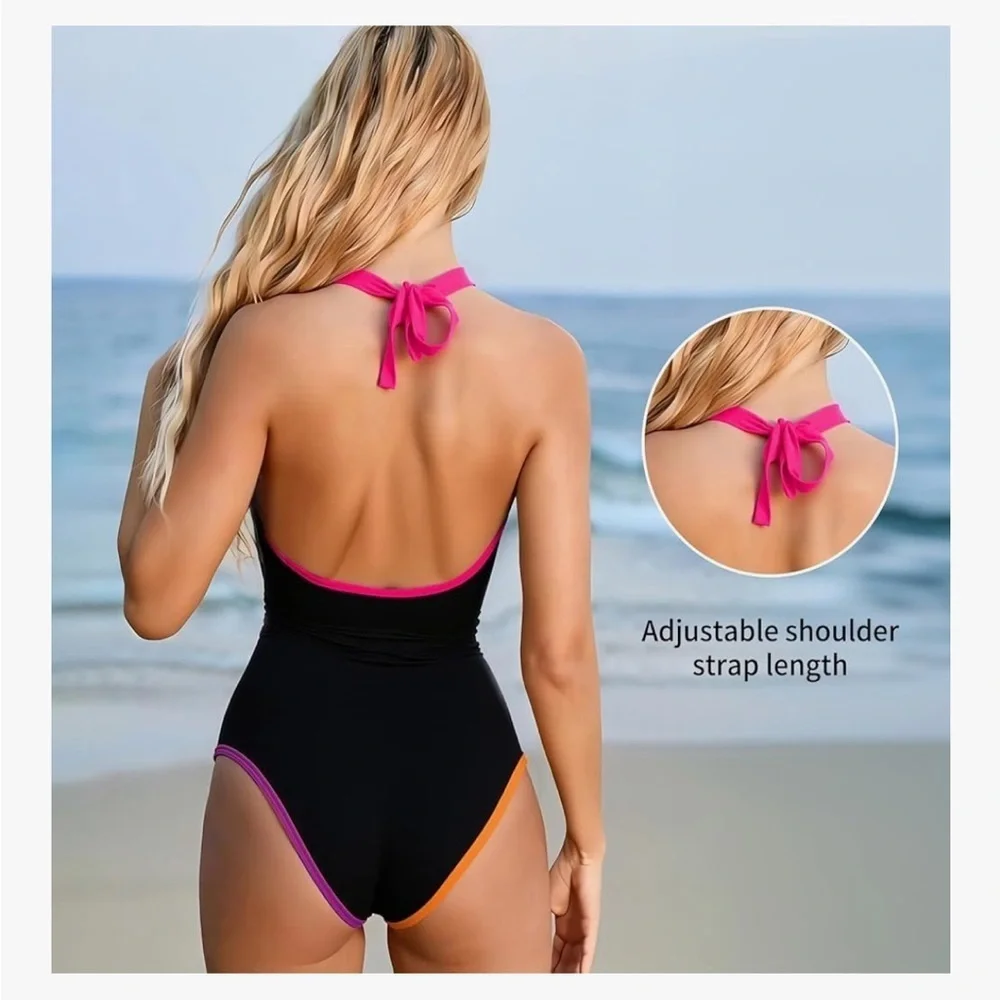 🆕 Black Multicolor Trim One-Piece V-Neck Black Swimsuit